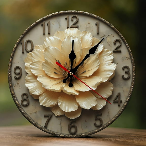 Wall Clock Decorative - Elegant Beige Lotus Print 2D Vintage Wall Clocks Battery Operated Silent Non-Ticking for Bedroom, Living Room, Kitchen, Office, Classroom, 10 Inch