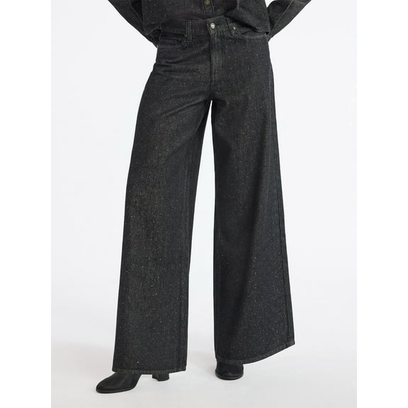 Scoop Women’s and Women’s Plus Rhinestone Embellished Wide Leg Jeans, Sizes 0-26W