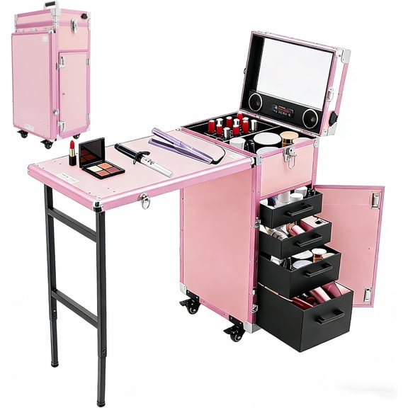 YIYIBYUS Portable Rolling Manicure Table for Nail Teach w/Audio, Professional Makeup Storage Manicure Dressing Table with Wheels 4 Drawers, Cosmetology Travel Case Workstation Artist