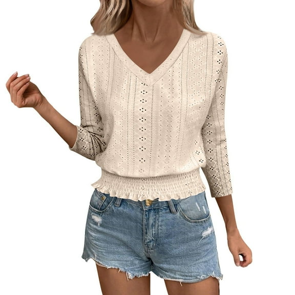 Pxiakgy Eyelet Tops for Women Summer V Neck 3/4 Length Sleeve Shirts Fashion Smocked Waist Crop Tops Casual Plain T Shirts 2025 Eyelet V Neck T Shirts Fashion Crop Tops Casual Top Beige L