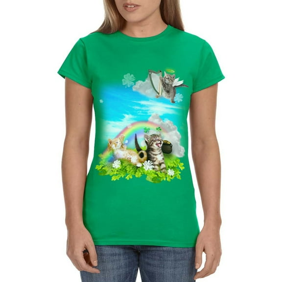 St. Patrick's Day Women's Festive Green Rainbows and Cute Angel Kittens Adult T-Shirt