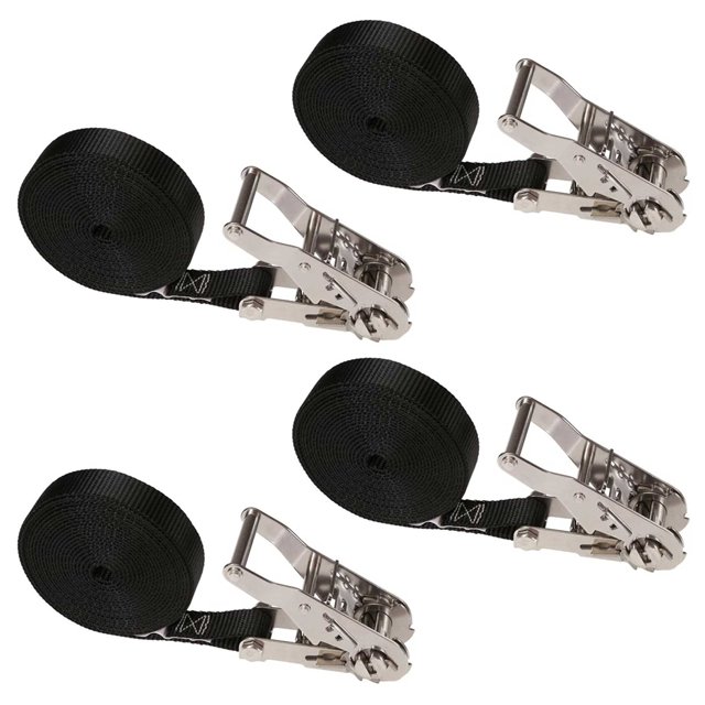 US Cargo Control Sangles à Cliquet en Acier Inoxydable (Lot de 4), Sangles à Cliquet Sans Fin 1 Pouce x 15 Pieds, Sangles à Cliquet Noires avec Cliquet à Poignée Grand en Acier Inoxydable, Sangle Utilitaire pour Groupement de Cargaisons
