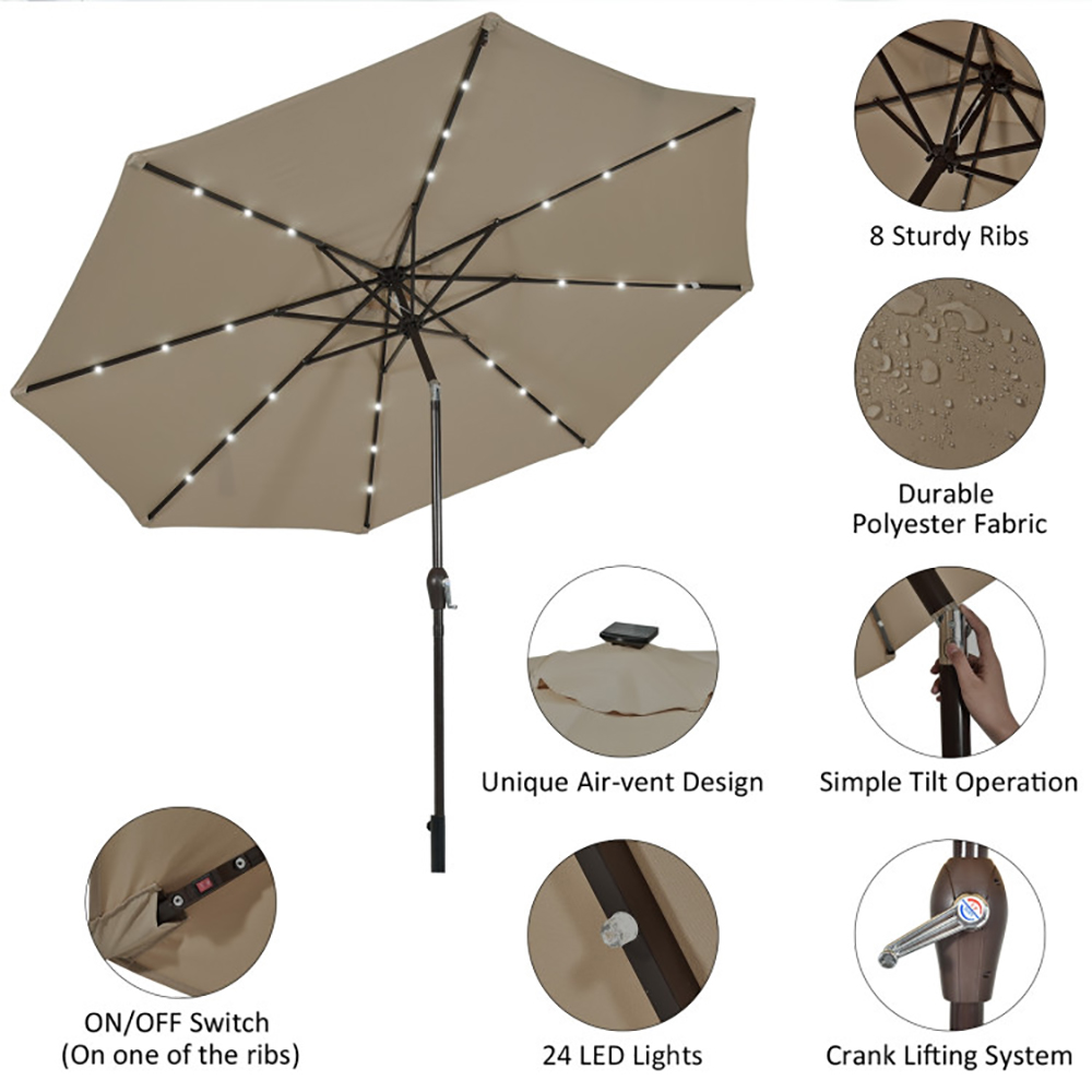 Aimee Lii 10' Solar LED Lighted Patio Market Umbrella Shade Tilt Adjustment Crank, Table Umbrella Outdoor Patio, Tan