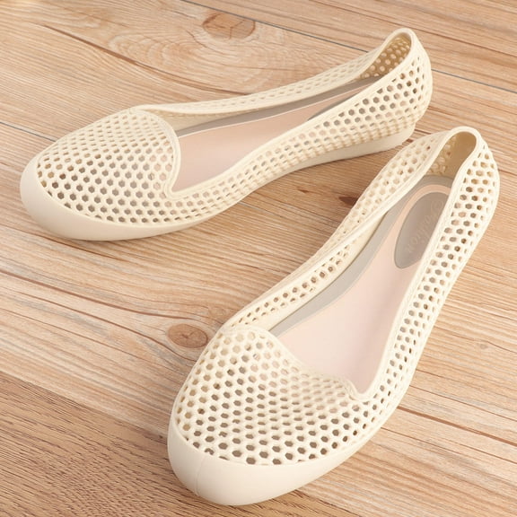 WHAMVOX Beach Shoes Breathable Cool Durable Simple Hollow Plastic Shallow Flat Leisure Shoes for Outdoor (Apricot, 40 Yard)