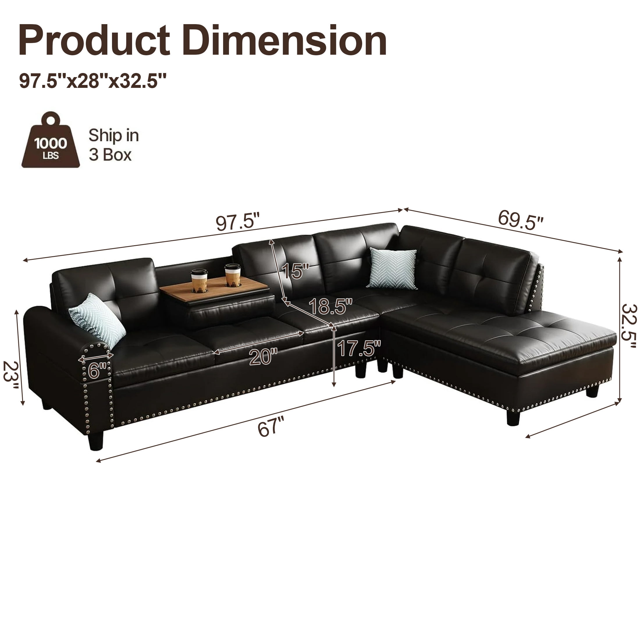 AENKYO 98" L-Shaped Sectional Sofa with Reversible Chaise and Cup Holders, Faux Leather, Black