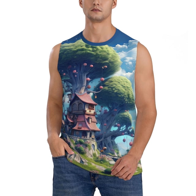 Fotbe Fantasy Treehouse Planet Scene Men's Camiseta sin Mangas Estampada para Hombres, Playera Casual para Gimnasio, Entrenamiento, Playa-Medium