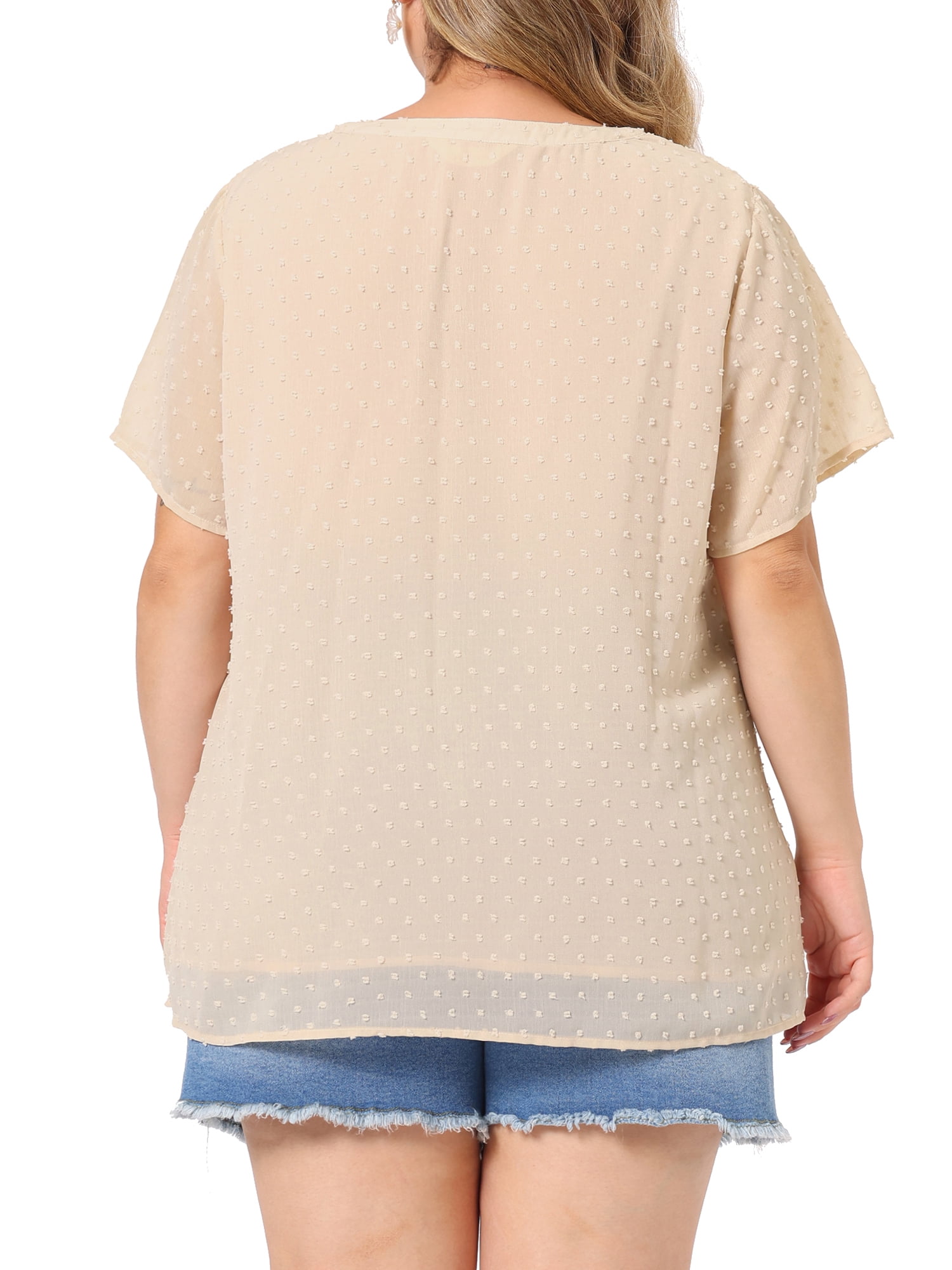 Unique Bargains Women's Plus Size Outfits Fashion Solid Pin Dots V Neck Top 2X Beige