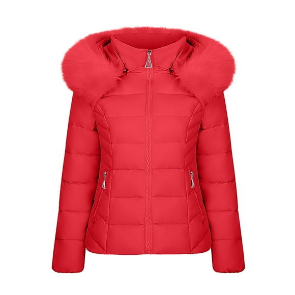 Full Zip-up Jacket Clearance Womens Lightweight Puffer Jacket Winter Coats for Women Thicken Warm Long Sleeve Thermal Heavy Hood Coat Outerwear Red XXL New