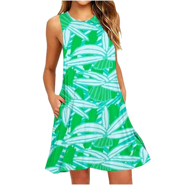 EQWLJWE Robe Longue For Women Femmes Summer Mode Sans Manches Imprimé Bretelles Camisole Robe Ronde Décolleté