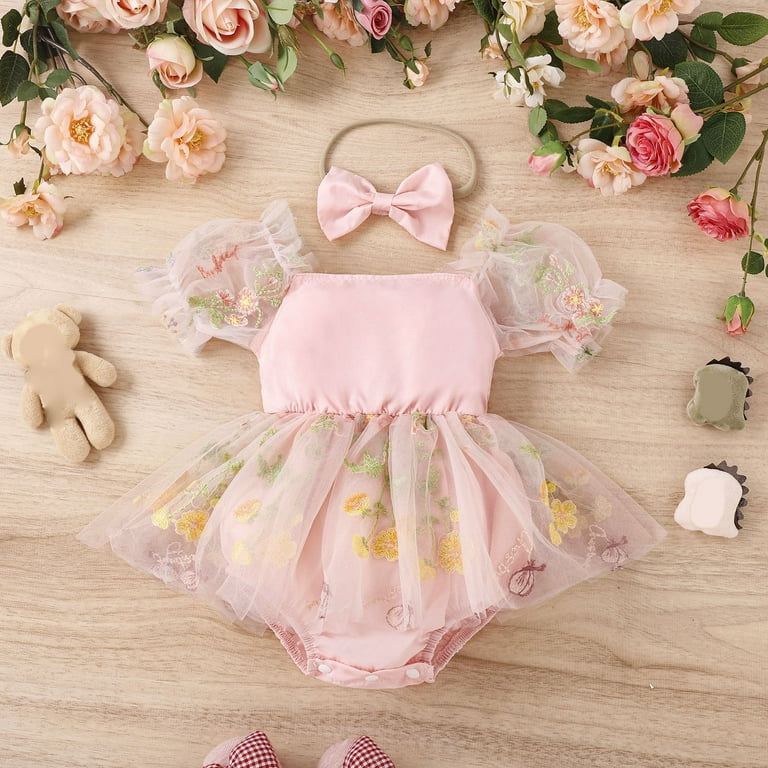 Ykohkofe Baby Girls Solid Spring Summer Short Sleeve Tulle Romper Bodysuit  Headbands Clothes Toddler Girls 12 Month Old Girl Clothes Body Suits for