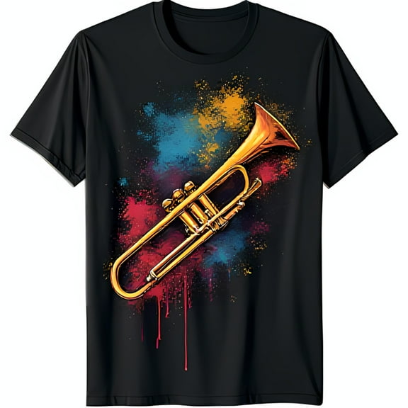 Vibrant Color Splash Golden Trumpet Graphic Black T-Shirt for Music Lovers