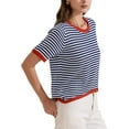 thumbnail image 4 of INSPIRE CHIC Women's Summer Short Sleeve Round Neck Trendy Pullover Striped Knitted T Shirt S Dark Blue, 4 of 5