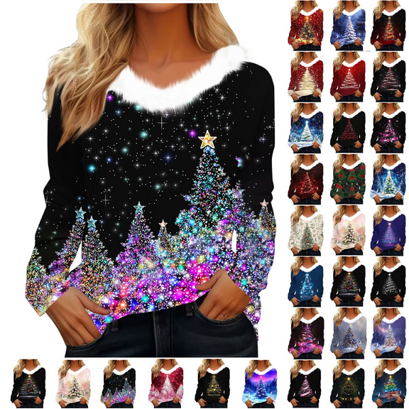 yoeyez Funny Christmas Tee Shirts for Women White Faux Fur Trim V Neck Shirt Dressy Funny Xmas Tree Snowflake Graphic Tops
