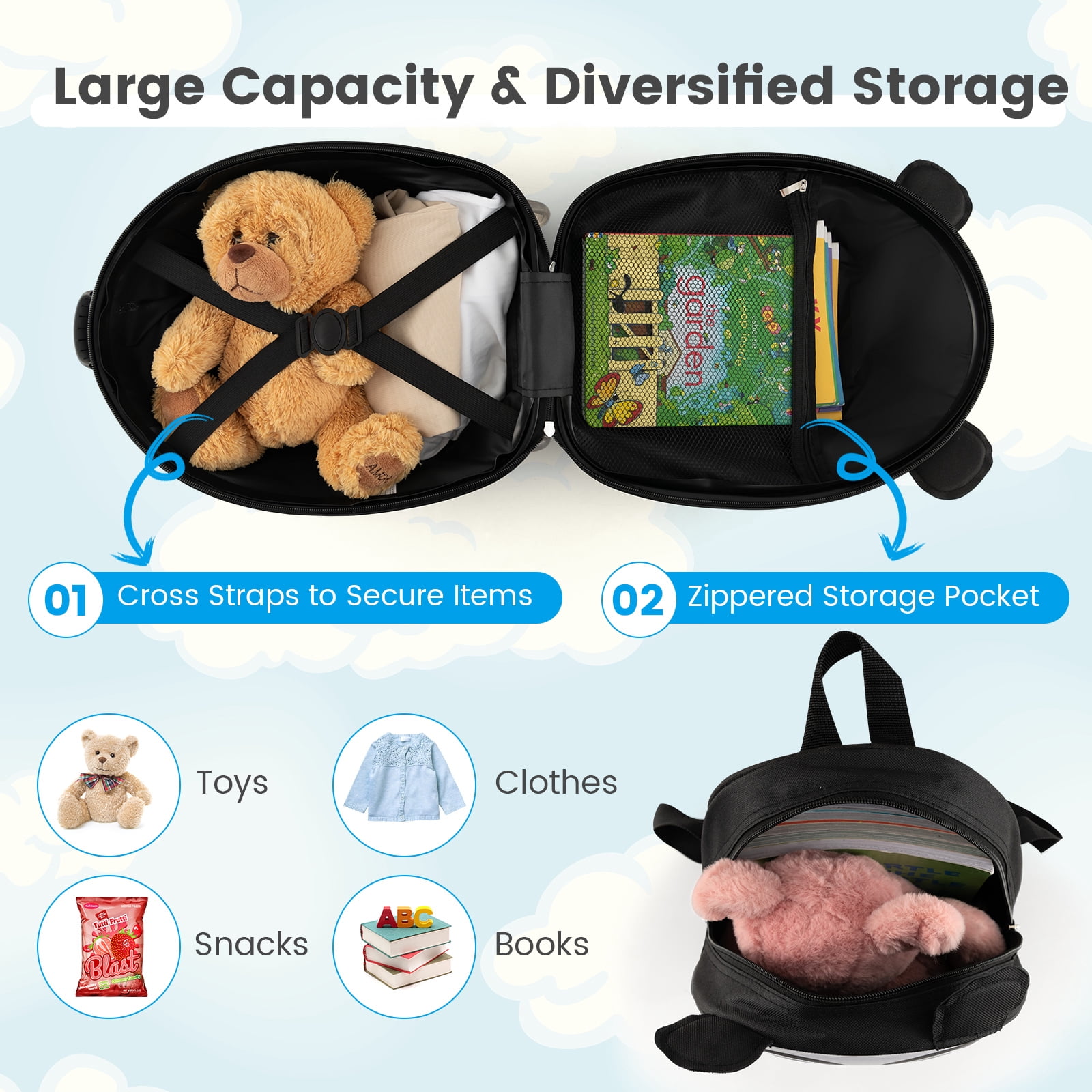 Infans 2PCS Kids Carry On Luggage Set 16" Panda Rolling Suitcase w/ 12" Backpack Travel