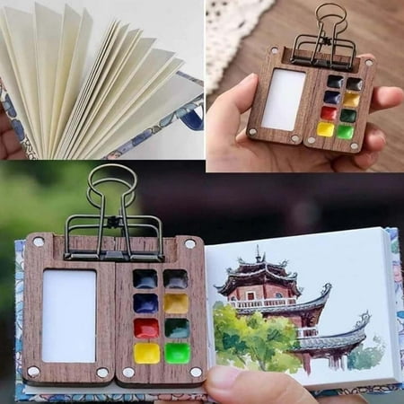 Tobio Watercolor Kit, 2025 New Tobio Mini Watercolor Set with A Picture Book & Wrist Towels, Mini Watercolors Paint Set for Beginners with 12/24 Color Paints (Walnut-15 Grids)