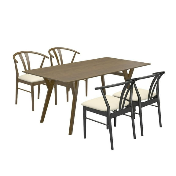 Roundhill Furniture Lavin Modern 5-Piece Dining Set, Dining Table with 2 Walnut and 2 Black Wishbone Chairs