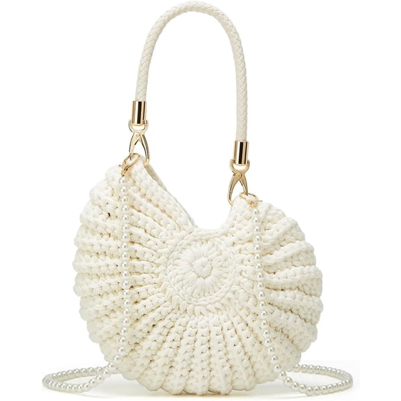 JKCCZLL Handwoven Seashell Hobo Bags Women Crochet Summer Beach Bag Boho Knitted Evening Clutch Purses Hobo Crossbody Shoulder Bag,Beige White,1