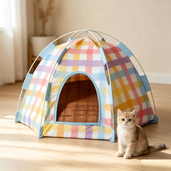 Foldable Mini Cat Tent Indoor, Portable Foldable Pet Tent Bed for Cats and Small Dogs, Lightweight Kitten Nest for Living Room Backyard Camping,Cooling mat