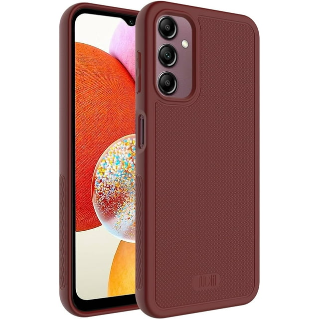 TUDIA LINNGrip Samsung Galaxy A14 4G/5G Case in burgundy, featuring a slim and shockproof design. The case has a textured anti-slip grip on the sides, a soft-touch finish, and raised bezels for screen protection. Designed for both Samsung Galaxy A14 4G and 5G models, it offers precise cutouts for easy access to all phone features.