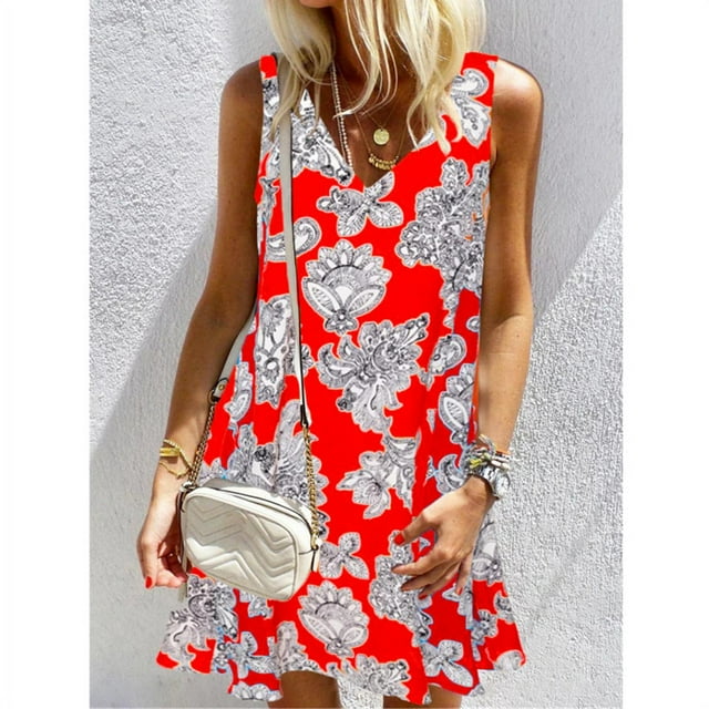 Nouvelle Robe d'Été Sans Manches à Col en V Imprimée pour Femmes, Robe Mini de Plage
