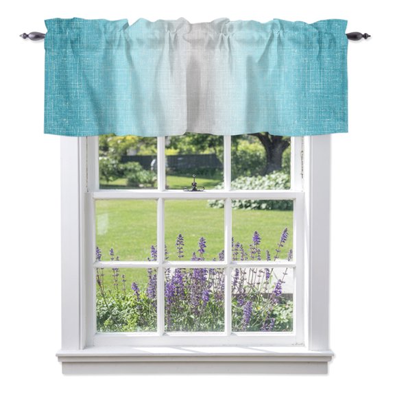 Cyan Blue Valances for Windows, Summer Cool Mint Blue Ombre Ocean Linen Texture Valance Window Treatment Rod Pocket Short Curtains Valances for Kitchen Bathroom 42"W x 18"L