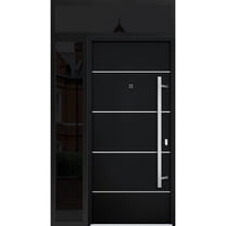 Front Exterior Prehung Steel Door / Deux 6083 Black Enamel / Side and Top Exterior Window Sidelite / Stainless Inserts Entry Metal Modern Painted W36 12" x H80 16" Left hand Inswing