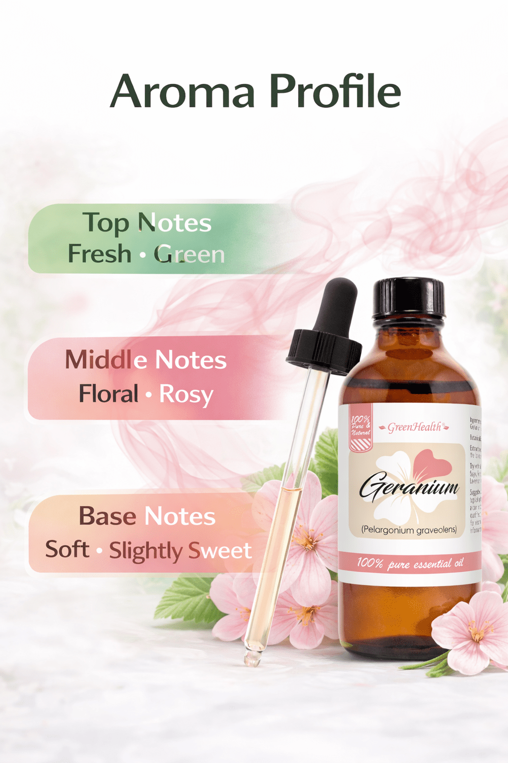 GreenHealth Geranium Essential Oil – 4 fl oz (118 ml) Glass Bottle w/Glass Dropper – 100% Pure