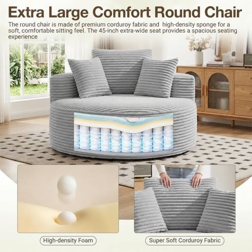 55-Inch Oversized Round Chaise Lounge Chair, Modern Corduroy Boneless Floor Sofa with 3 Pillows, Deep Seat Circular Couch for Living Room, Bedroom & Movie Room, Light Gray