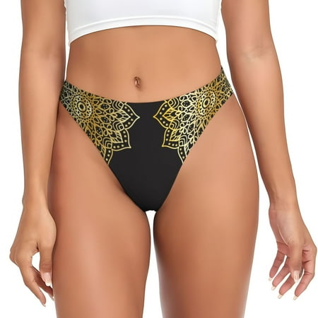 Qokaie Gold Mandala Printed Women s Cotton Thong Underwear  Sexy Breathable Panties G-string-Medium