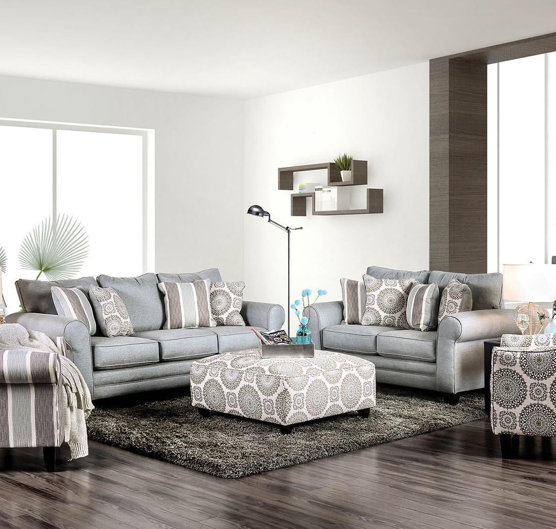 Transitional Blue Gray Fabric Sofa and Loveseat Furniture of America ...
