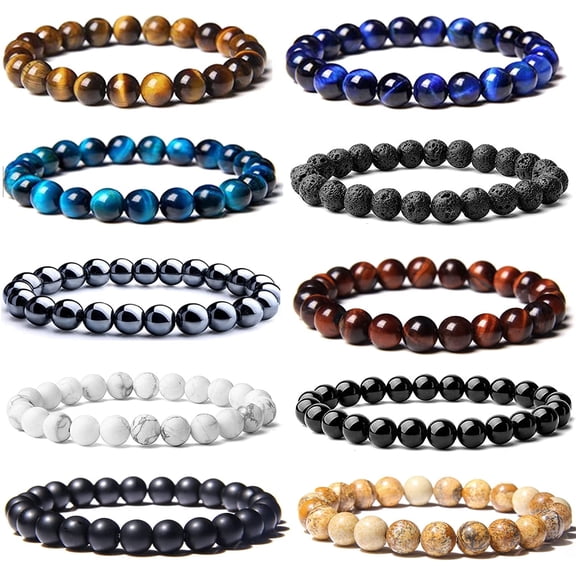 10 Pcs 8mm Semi-Precious Gemstones Bracelets Round Beaded Bracelets for Men Women Stone Crystal Healing Stretch Beaded Bracelet Unisex