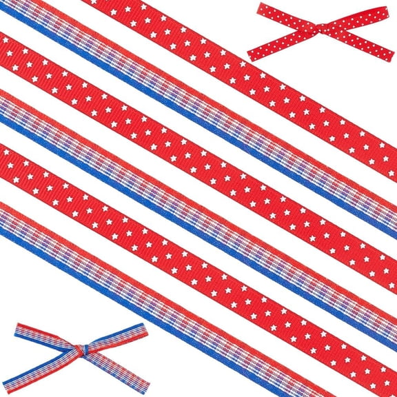 2 Rolls 10 Yards Wired Edge Ribbon 3/8 Inch Patriotic Star Plaid Craft Ribbons 4th of July Applique for Memorial Day Wreath DIY Decorations