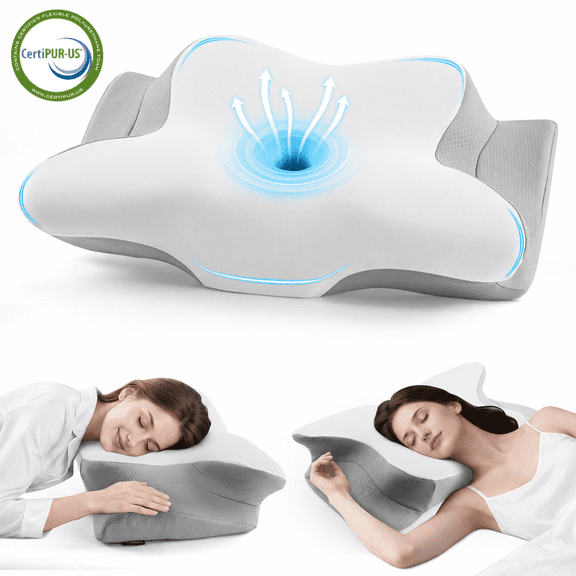 KAIPARA Memory Foam Bed Pillow for Sleeping, Cooling Dual Height Contour Pillow for Side, Back and Stomach Sleepers, Removable Washable Cover, Gray