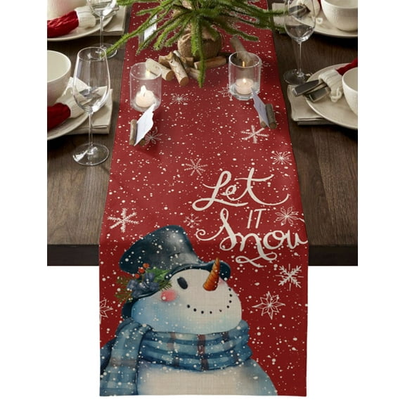 Table Runner 48 Inches Long for Kitchen Dining, Red Snowman Christmas Dresser Scarf Farmhouse, Dining Table Decorations for Wedding/Parties, Let Snow Xmas Winter Snowflake 13 x 48 In