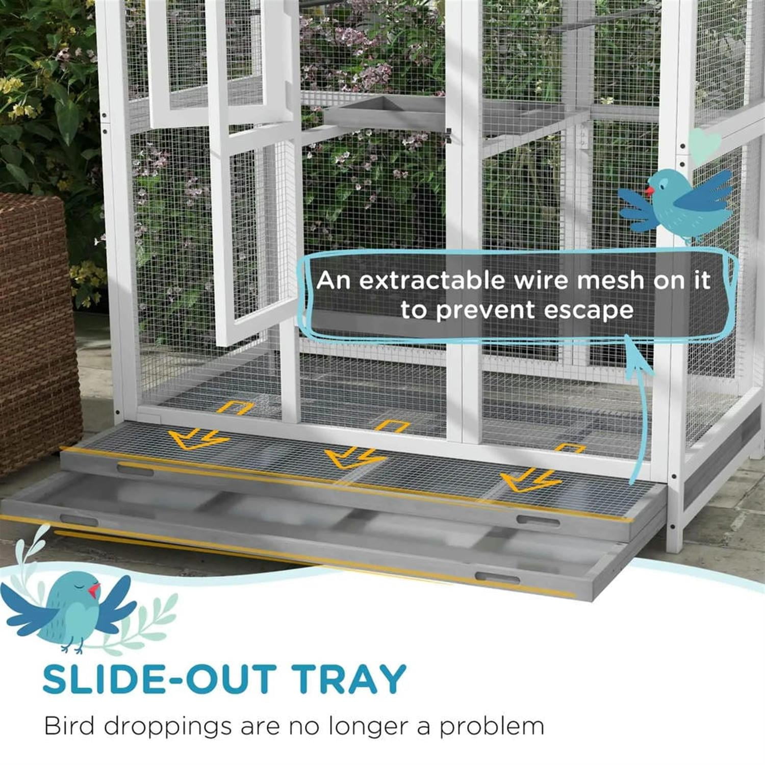 Kadyn 64" Height Wooden Outdoor Flight Bird Cage Aviary with 4 Perches and Slide-Out Tray for Parrots Conures Lovebird Cockatiel Parakeets, Gray