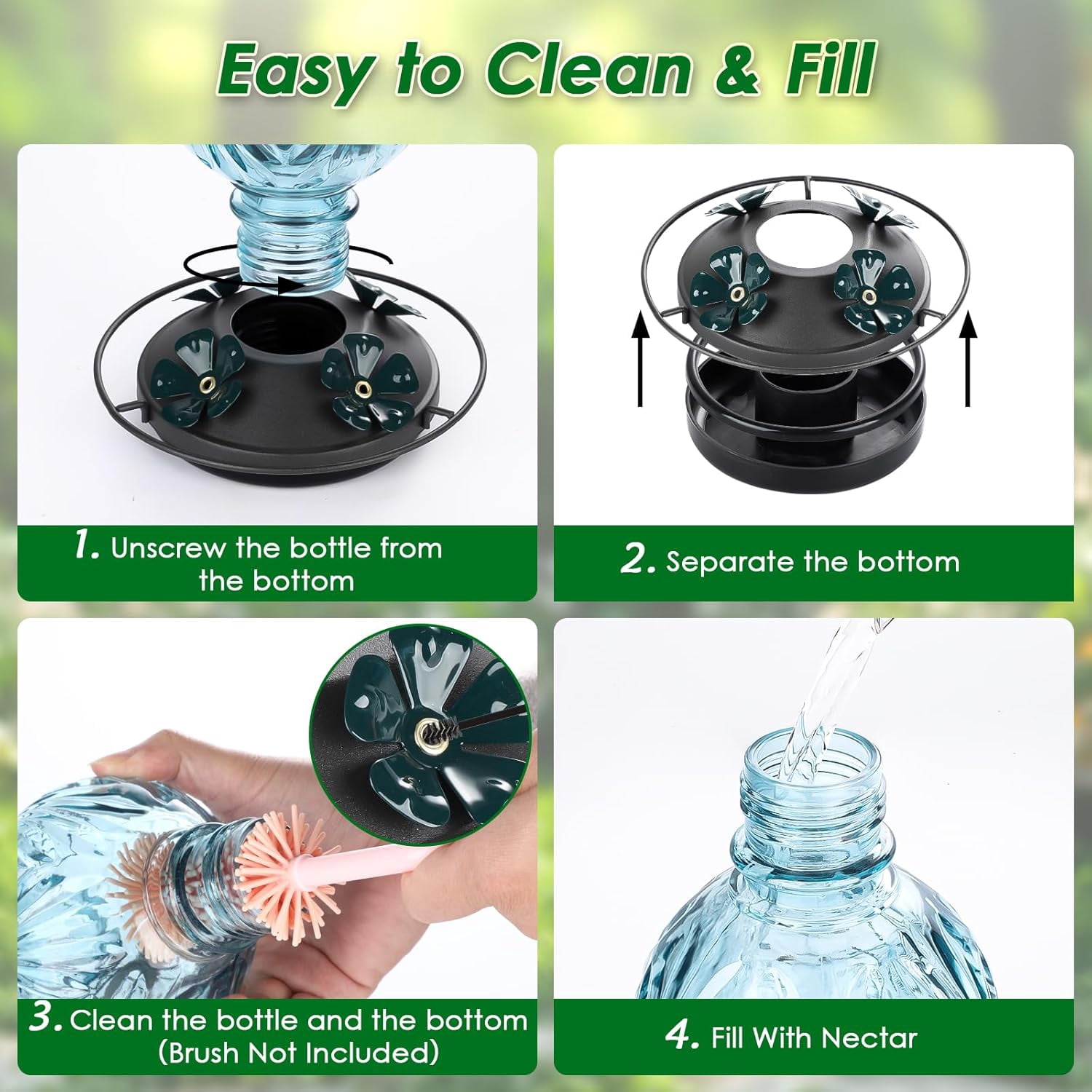 Glass Hummingbird Feeder for Outdoors Hanging, 20oz Bird Nectar Feeder with 4 Bee Guard Flower-Shaped Ports & Built-in Ant Moat, Easy to Clean, for Bird Lover,1 Pack, Blue