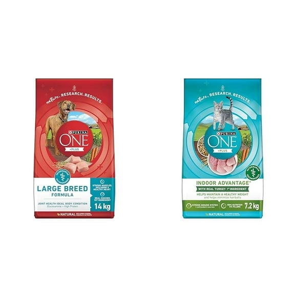 Purina ONE Large Breed Dry Dog Food, High Protein Chicken 14kg, Brown & Dry Cat Food, Indoor Advantage 7.2 kg