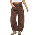 thumbnail image 3 of Women's Corduroy Barrel Pants Mid-Rise Elastic Waist Cord Pants Casual Wide Legs Baggy Pant with Pockets Brown M, 3 of 6