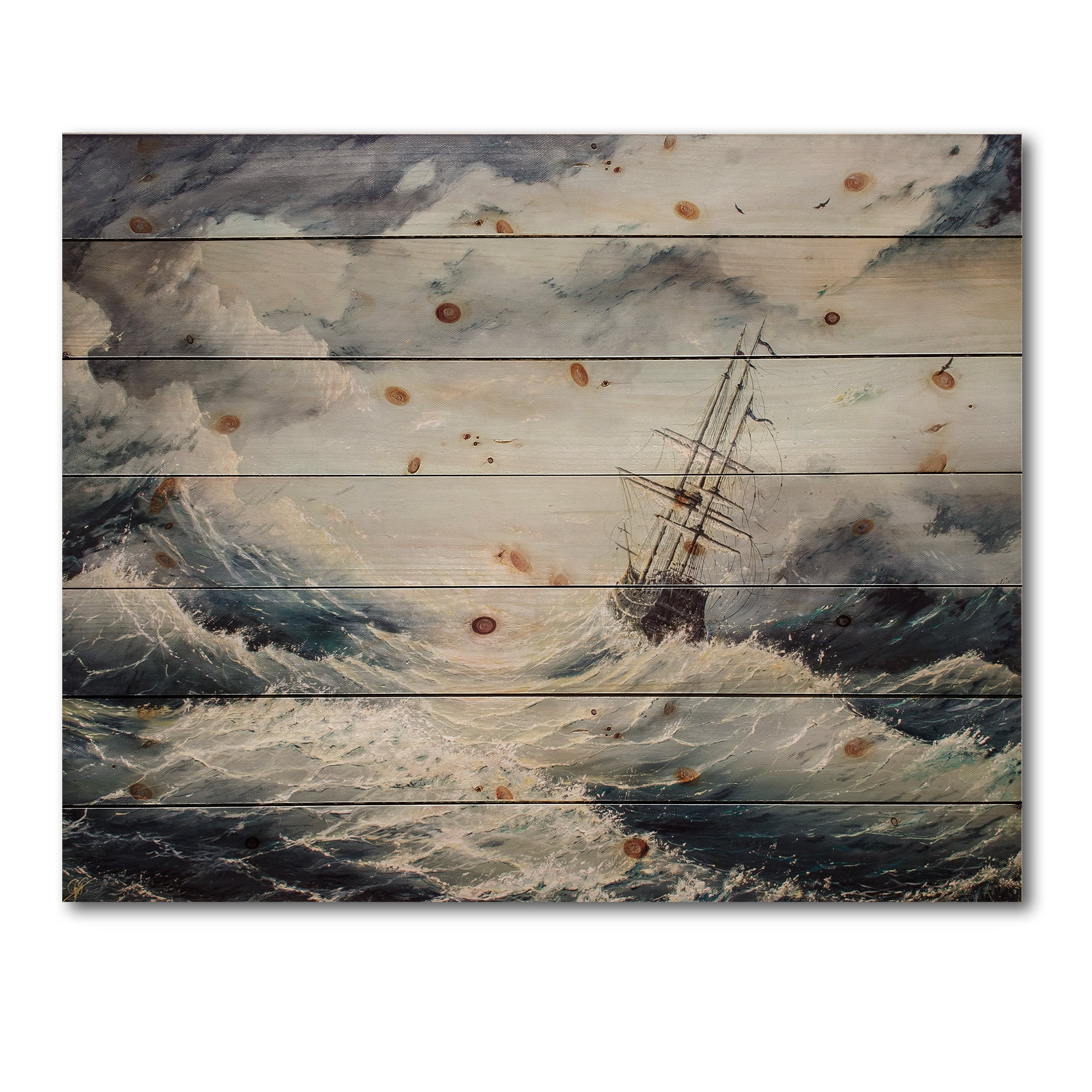 Designart 'Ship Struggles With The Sea Storm' Nautical & Coastal Print on Natural Pine Wood