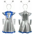thumbnail image 2 of QQAMB Alien Costume for Girls Shiny Metallic Cap Sleeve Pleated Casual Dress Theme Party Fancy Dress, 2 of 6