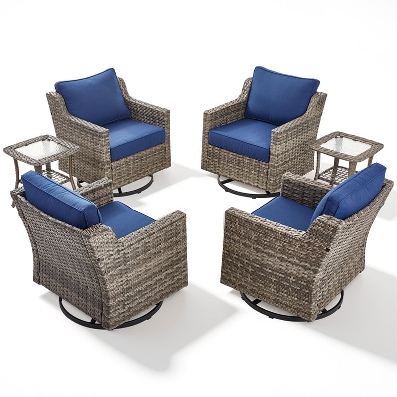 PARKWELL 6 Piece Outdoor Patio Swivel Glider Chair Set,All-Weather Rattan Conversation Set with Swivel Rocking Chair and Side Table,4-Seat Furniture Sets for Deck, Backyard,Gray/Navy