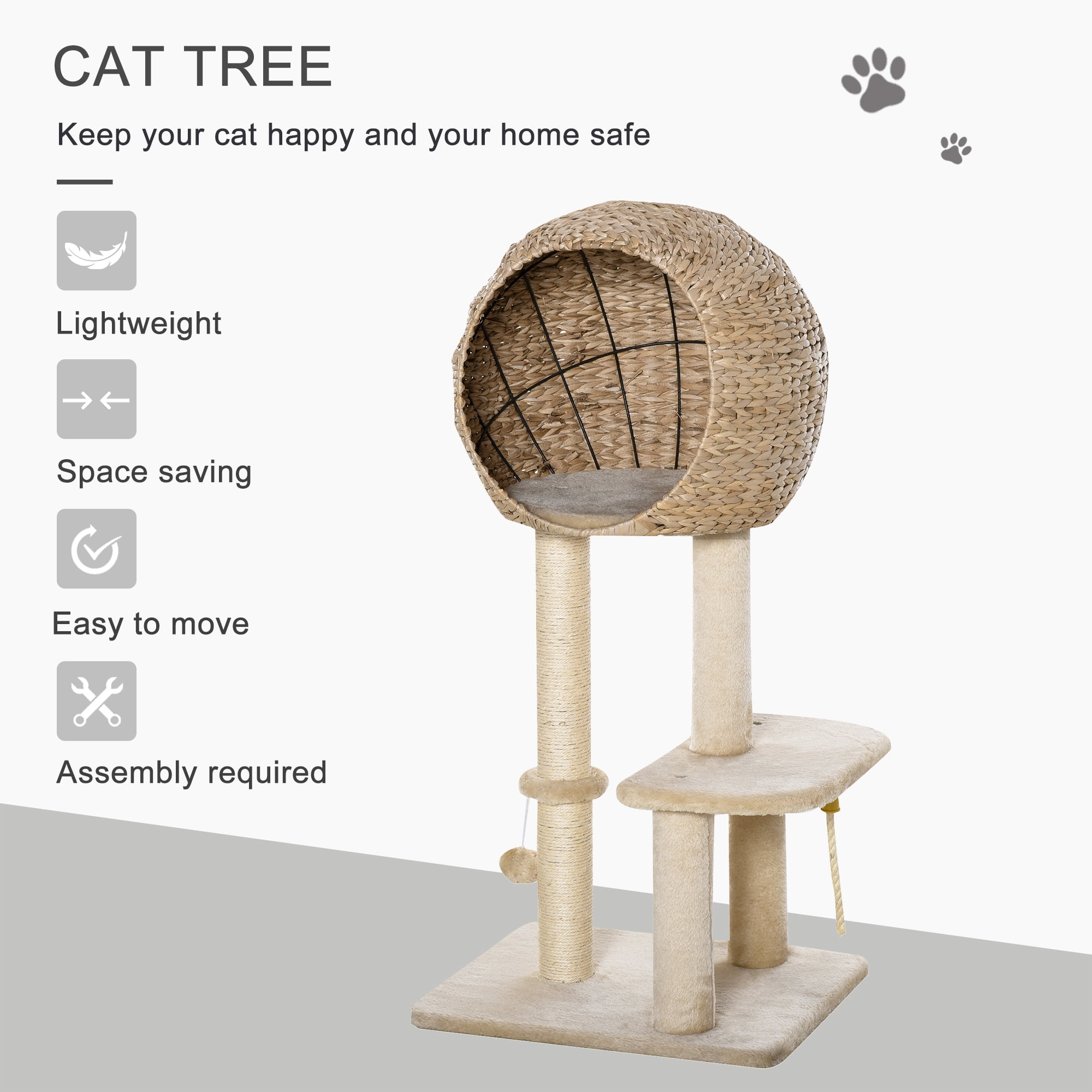 PawHut Cat Tree with Sisal Scratching Post Condo and Hanging Rope 44.5" H, Beige