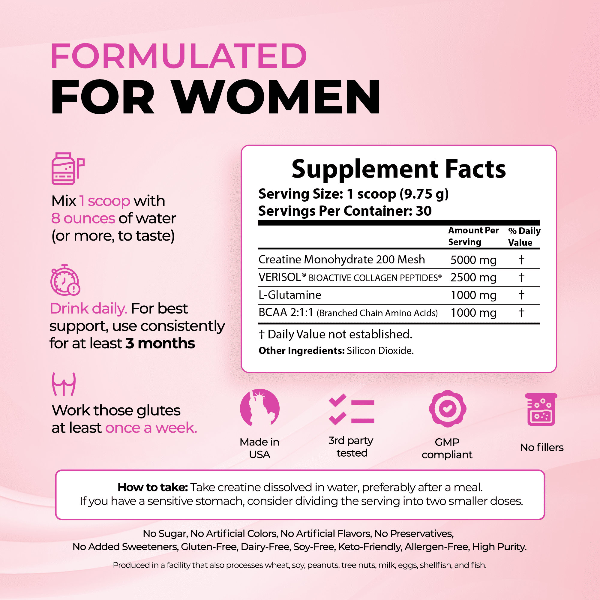 Bold Buns Creatine for Women – Supplement with Collagen & BCAA – Supports Muscle Development, Post-Workout Recovery, Skin Elasticity, Healthy Hair & Nail (30 Servings - Unfavored)