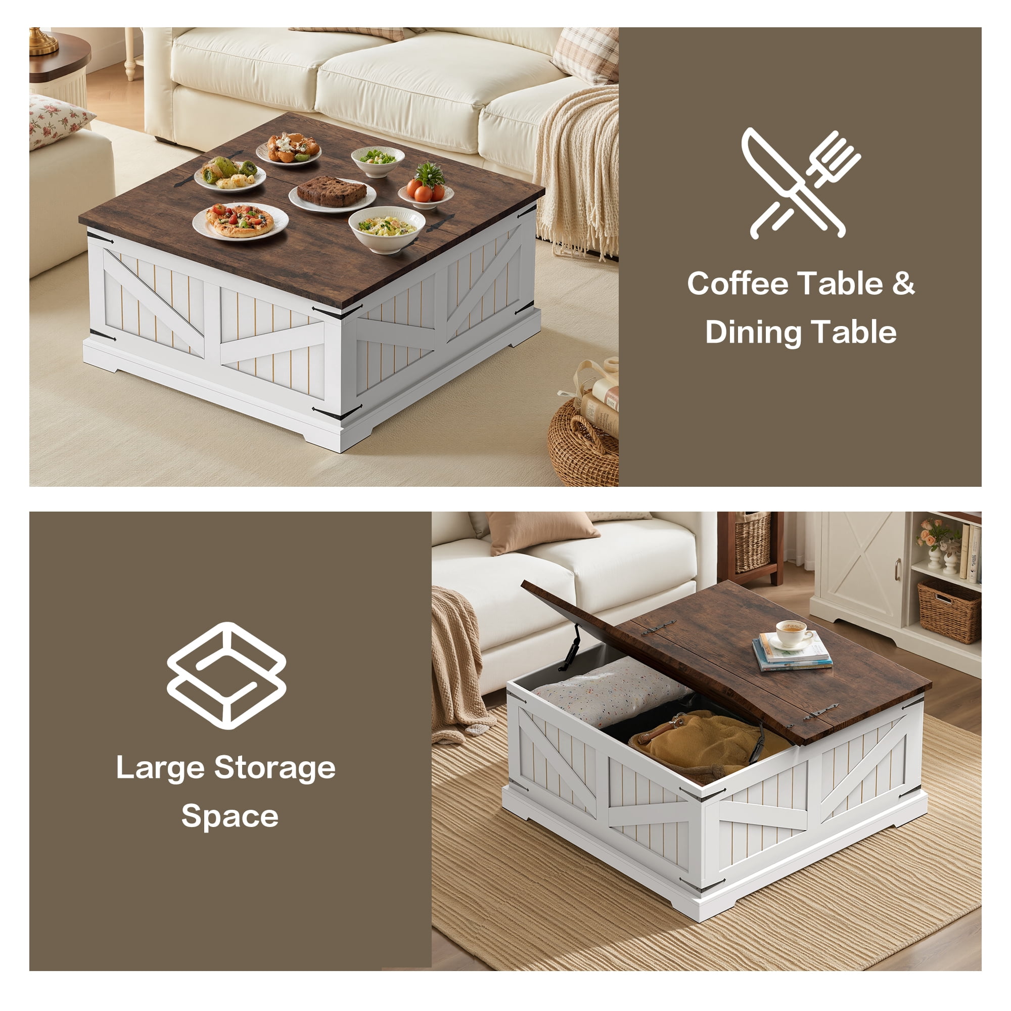 Spanspace Farmhouse Coffee Table with Storage, 31.5" Square Center Table with Dual Flip-Top Lids and Hidden Compartment, Rustic Wood Coffee Table for Living Room, Bedroom, Home Office, White
