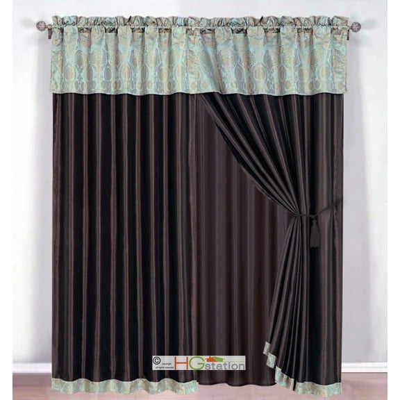 4-Pc Damask Floral Medallion Clamshell Jacquard Curtain Set Seafoam Blue Chocolate Valance Drape Liner Tieback