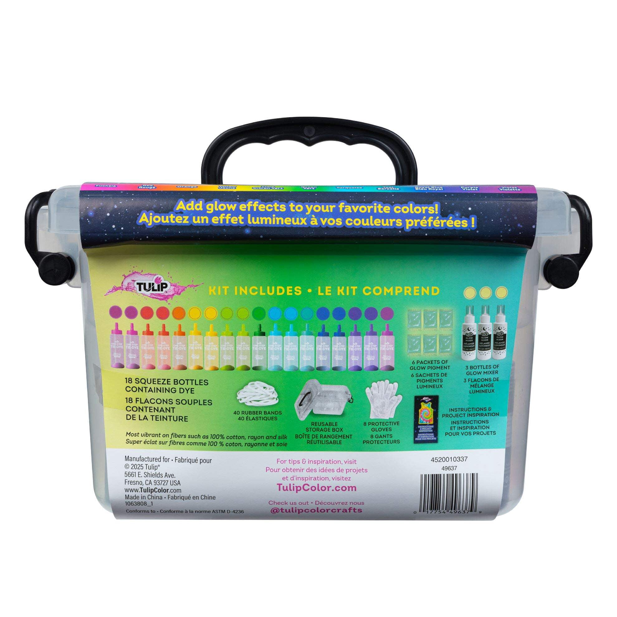 Tulip Glow Tie-Dye Tub, Design Your Looks, Add Glow Effects to Your Favorite Colors, Includes 18 Easy-Squeeze Dye Bottles and Glow Pigments/Mixers, All-in-One Party Activity Kit, 77 pieces