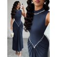 thumbnail image 4 of Navy Blue Semi-High Neck Sleeveless Knitted Pleated Maxi Dress With Pearl Embellishment, Elegant Evening Gown, 4 of 8