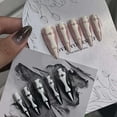 thumbnail image 6 of Summercome Nails Handmade Press-on Long Almond Stiletto Black White Halloween Glow In Dark Skeleton Finger Design False Nail Tips 10 Pcs, 6 of 7