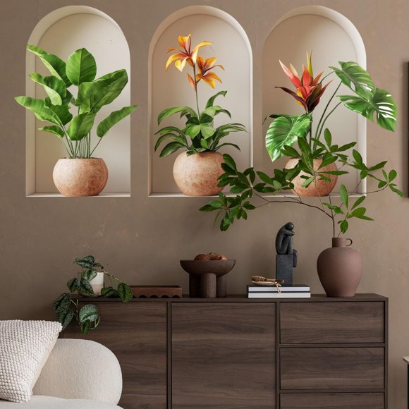 Adhesivos de pared Ladinimo 3D con diseño de plantas en maceta, diseño verde, x3