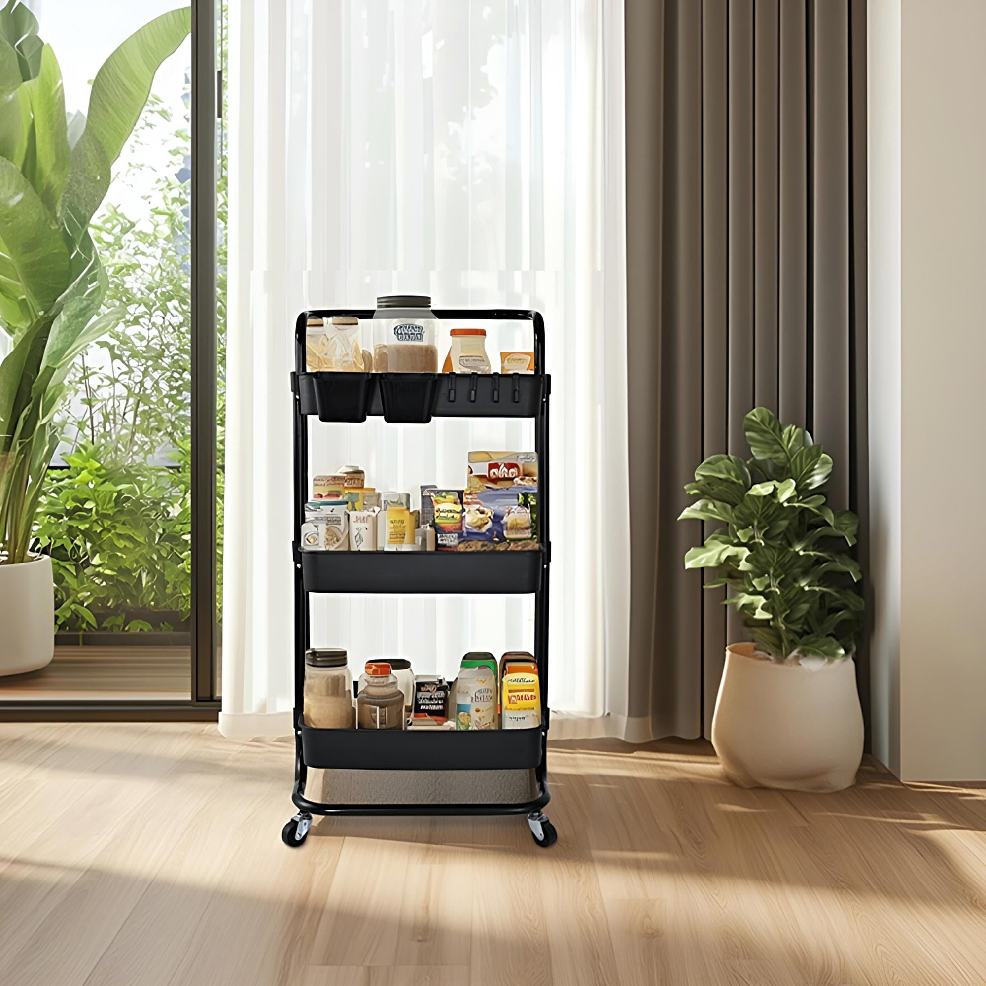 Chariot De Cuisine Pratique 3 Couches Chariot De Rangement Pratique Avec Roues Étagère Fixe Pour Cuisine Salle De Bains Salon Cadeau (noir 42x28,5x72cm